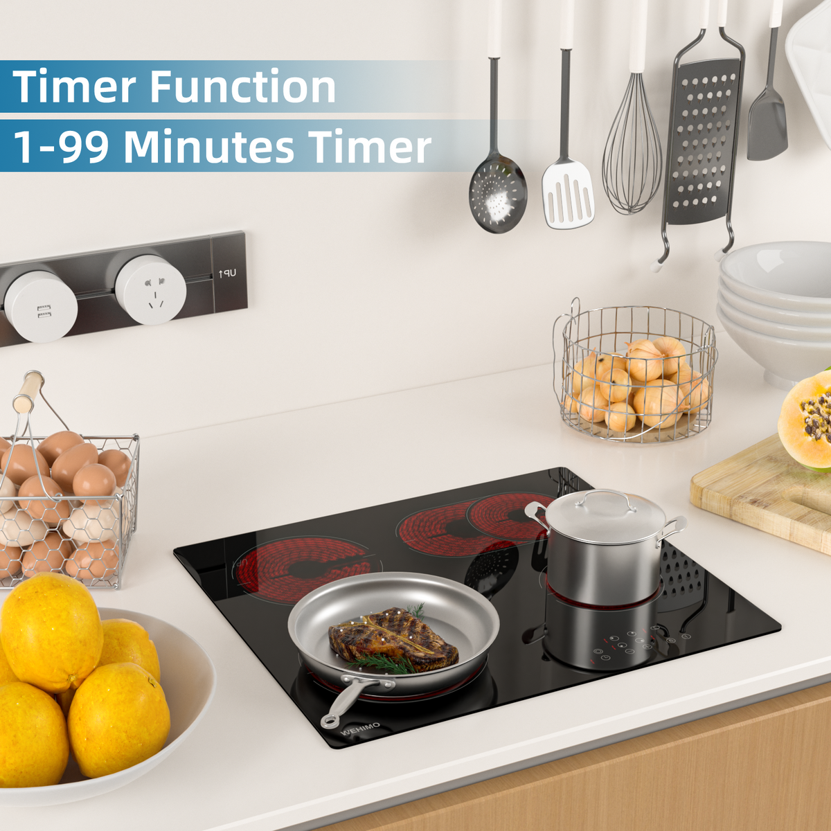 WEHIMO Ceramic Hob 4 Plates 7200W, 4 Cooking Zones (2200W+2000W+1800W+1200W), 9 Heat Levels, Touch Control, Child Lock, 1-99 Timer, Suitable for All Pots