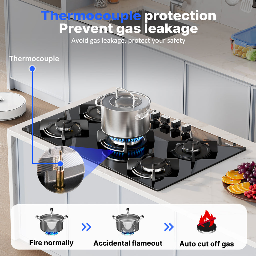 Gas Hob 5 Burners, WEHIMO Built-in Cooktop, Gas Hob 77cm, 10500W, Cast Iron Grate, Town Gas and Bottled Gas, Black Glass