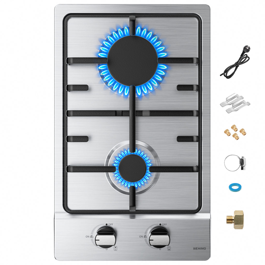 WEHIMO Gas Hob 2 Burners, Gas Hob 2 Burners Stainless Steel, Gas Cooker 2 Burners, Built-in, Cast Iron Grate, 3700W, Town Gas and Bottled Gas