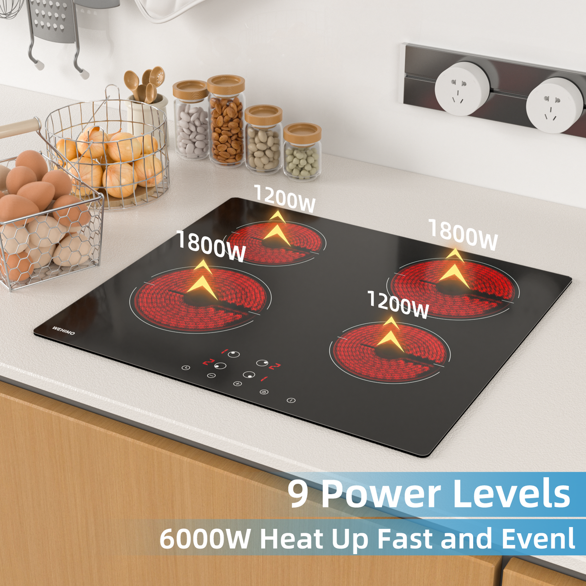 Ceramic Hob 4 Plates, WEHIMO Ceramic Hob 60cm, 6000W, 4 Cooking Zones with Dual Cooking Zone, 9 Levels, Child Lock, Timer, Built-in Frameless Ceramic Hob, Suitable for All Pots