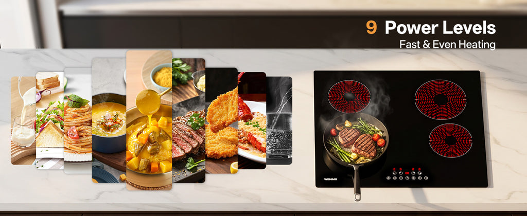 WEHIMO Ceramic Hob 4 Plates 6600W, Double Ring Cooking Surface, 9 Heat Levels, Touch Control, Child Lock, 1-99 Timer, Suitable for All Pots, 59CM