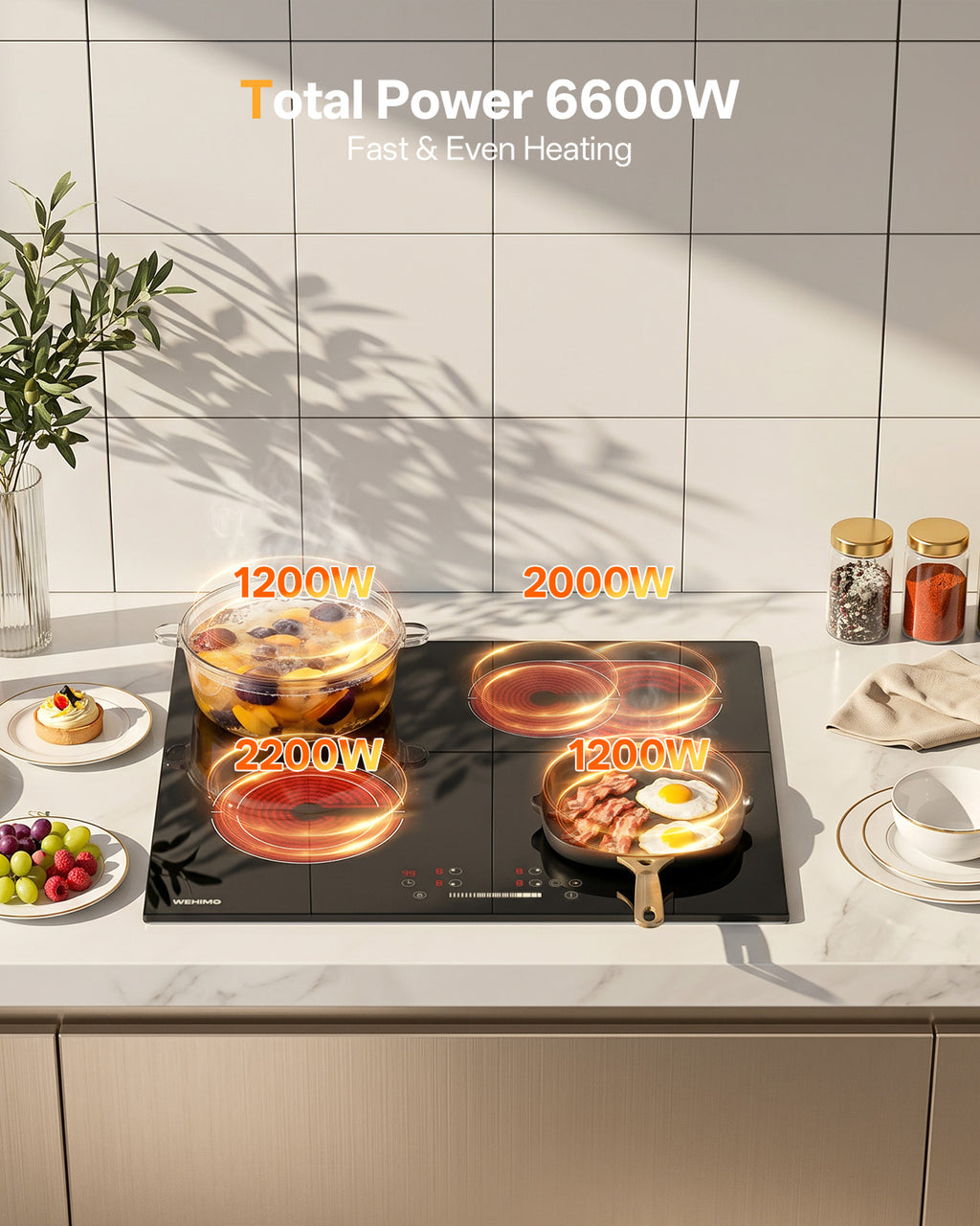 WEHIMO Ceramic Hob 4 Plates, Cooktop 4 Cooking Zones 59CM, 6600W, Double & Oval Cooking Zone, 9 Heat Levels, Touch Control, Child Lock, Timer, Suitable for All Pots