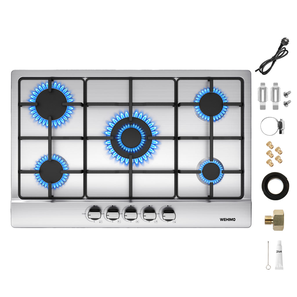 Gas Hob 5 Burners Stainless Steel, Built-in Hob 76 cm, 10500 W, Slim Profile, Flame-Out Protection, Natural Gas/Propane/Butane, 76x50x4.5 cm