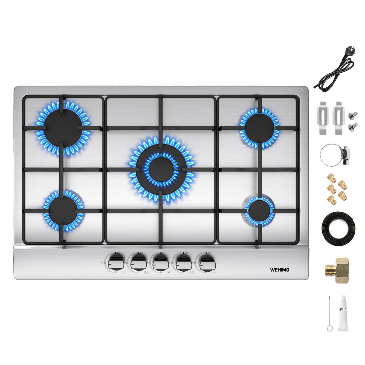 Gas Hob 5 Burners Stainless Steel, Built-in Hob 76 cm, 10500 W, Slim Profile, Flame-Out Protection, Natural Gas/Propane/Butane, 76x50x4.5 cm