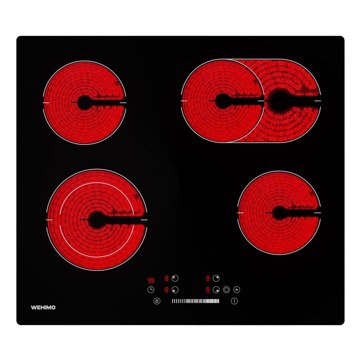 WEHIMO Ceramic Hob 4 Plates, Cooktop 4 Cooking Zones 59CM, 6600W, Double & Oval Cooking Zone, 9 Heat Levels, Touch Control, Child Lock, Timer, Suitable for All Pots