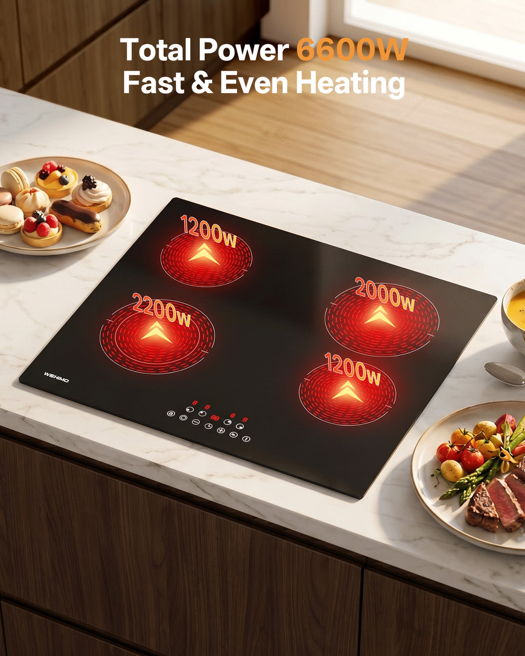 WEHIMO Ceramic Hob 4 Plates 6600W, Double Ring Cooking Surface, 9 Heat Levels, Touch Control, Child Lock, 1-99 Timer, Suitable for All Pots, 59CM
