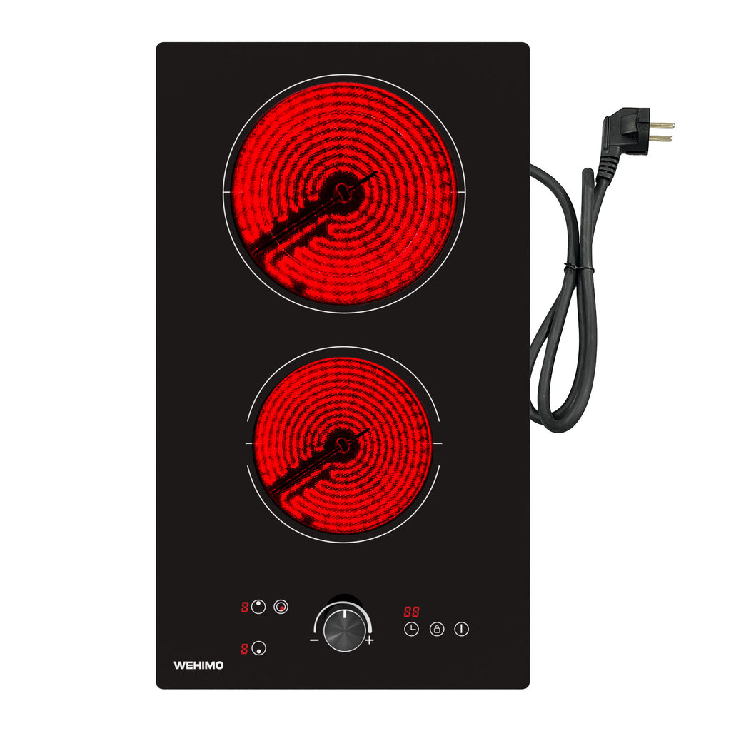 WEHIMO Ceramic Hob 2 Plates, 3400W (2200W+1200W), Rotary Knob Control, Double Ring Burner, 9 Heat Levels, Touch Control, Child Lock, 1-99min Timer, Suitable for All Pots