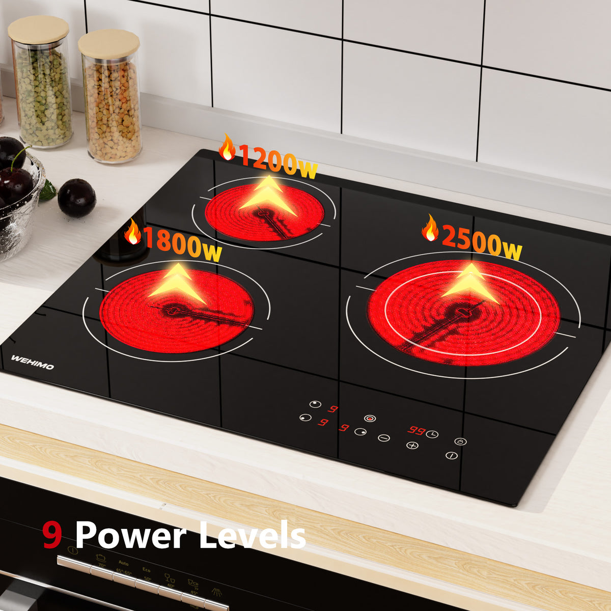 WEHIMO Ceramic Hob 3 Burners 5500W, Extra Large Zone 25 cm, 9 Power Levels, Touch Control, Child Safety, Timer, Black