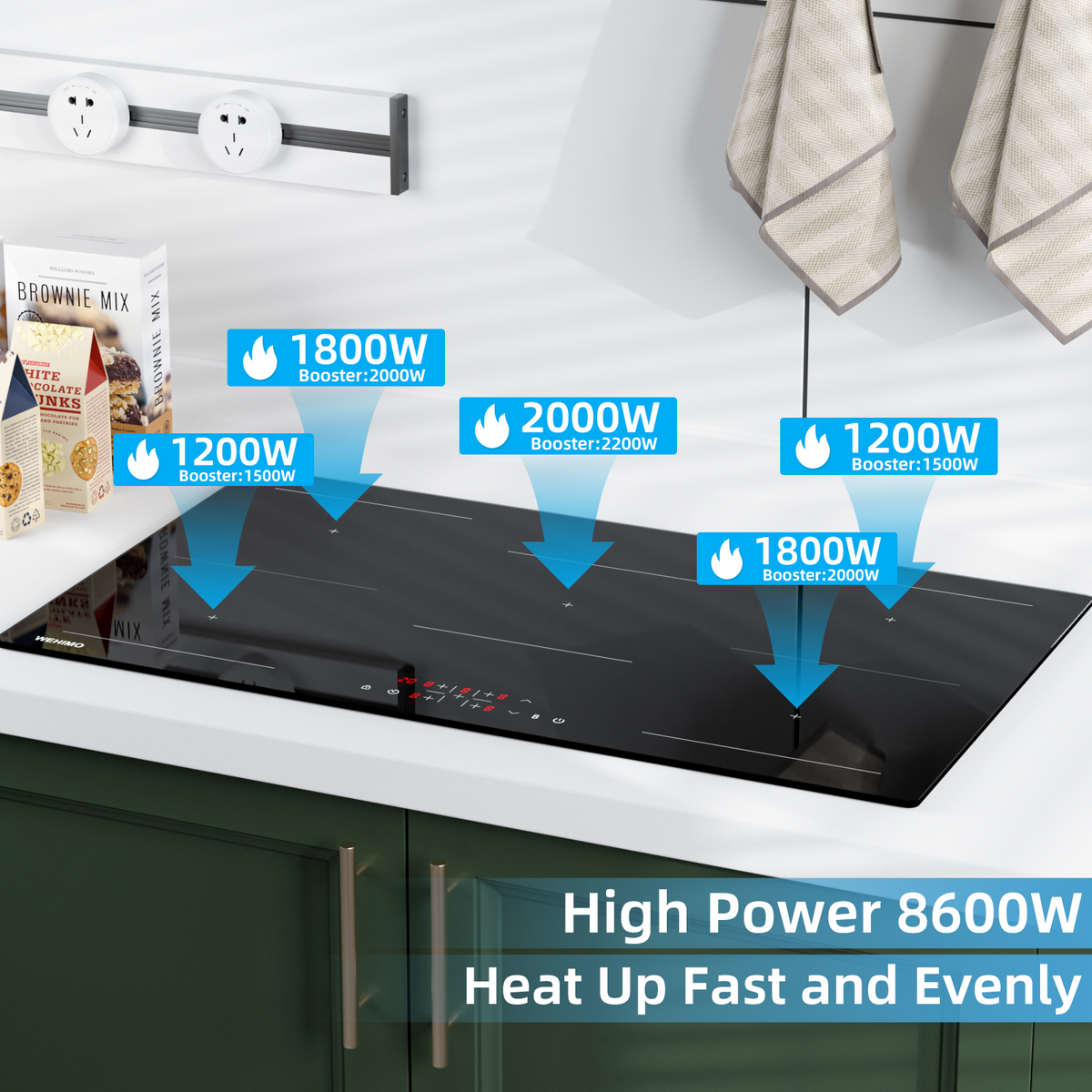 WEHIMO Induction Hob, Induction Hob 5 Plates with Power Booster, 5 Zones Built-in, 9 Power Levels Induction Cooktop 90cm (8600W), 220-240V