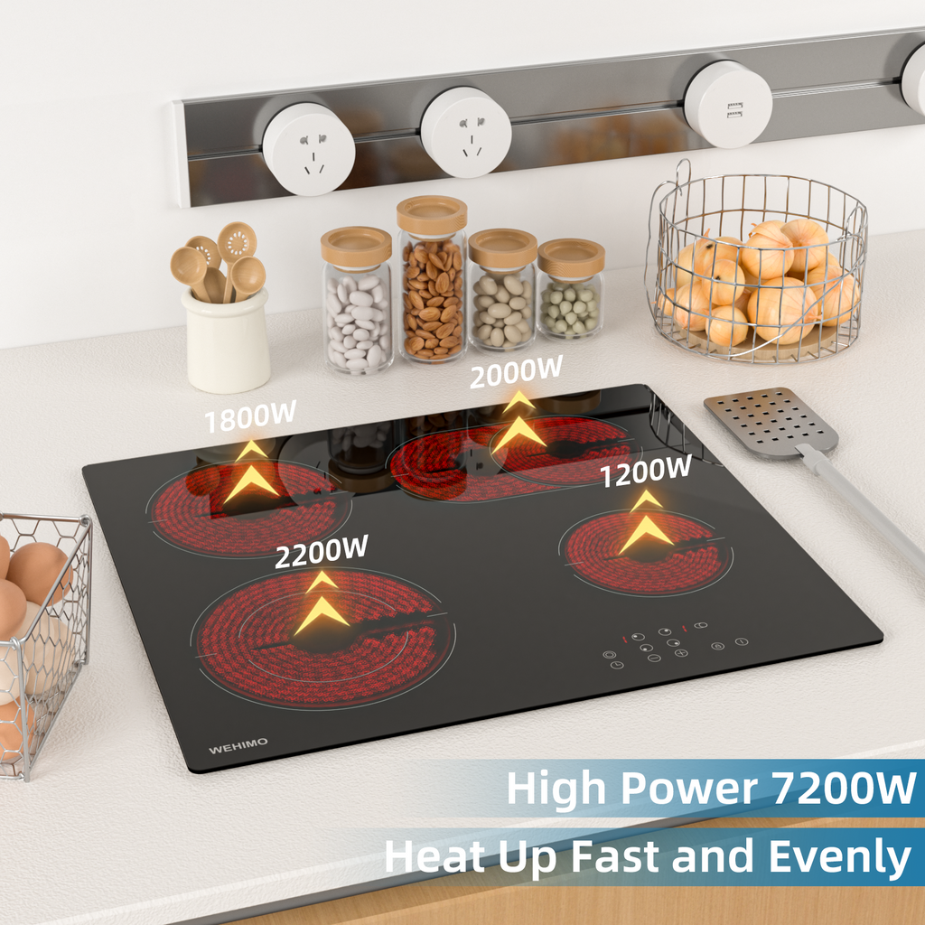 WEHIMO Ceramic Hob 4 Plates 7200W, 4 Cooking Zones (2200W+2000W+1800W+1200W), 9 Heat Levels, Touch Control, Child Lock, 1-99 Timer, Suitable for All Pots