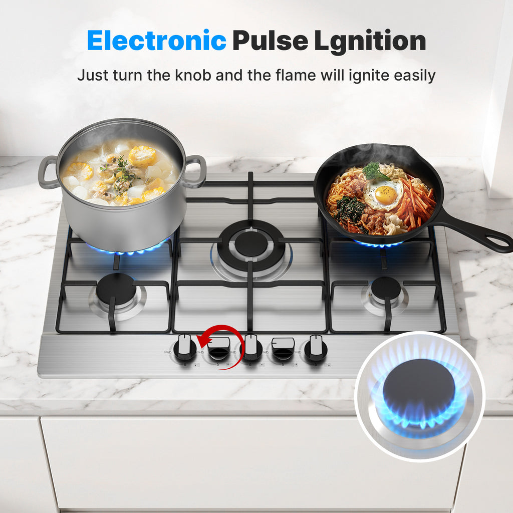 Gas Hob 5 Burners Stainless Steel, Built-in Hob 76 cm, 10500 W, Slim Profile, Flame-Out Protection, Natural Gas/Propane/Butane, 76x50x4.5 cm