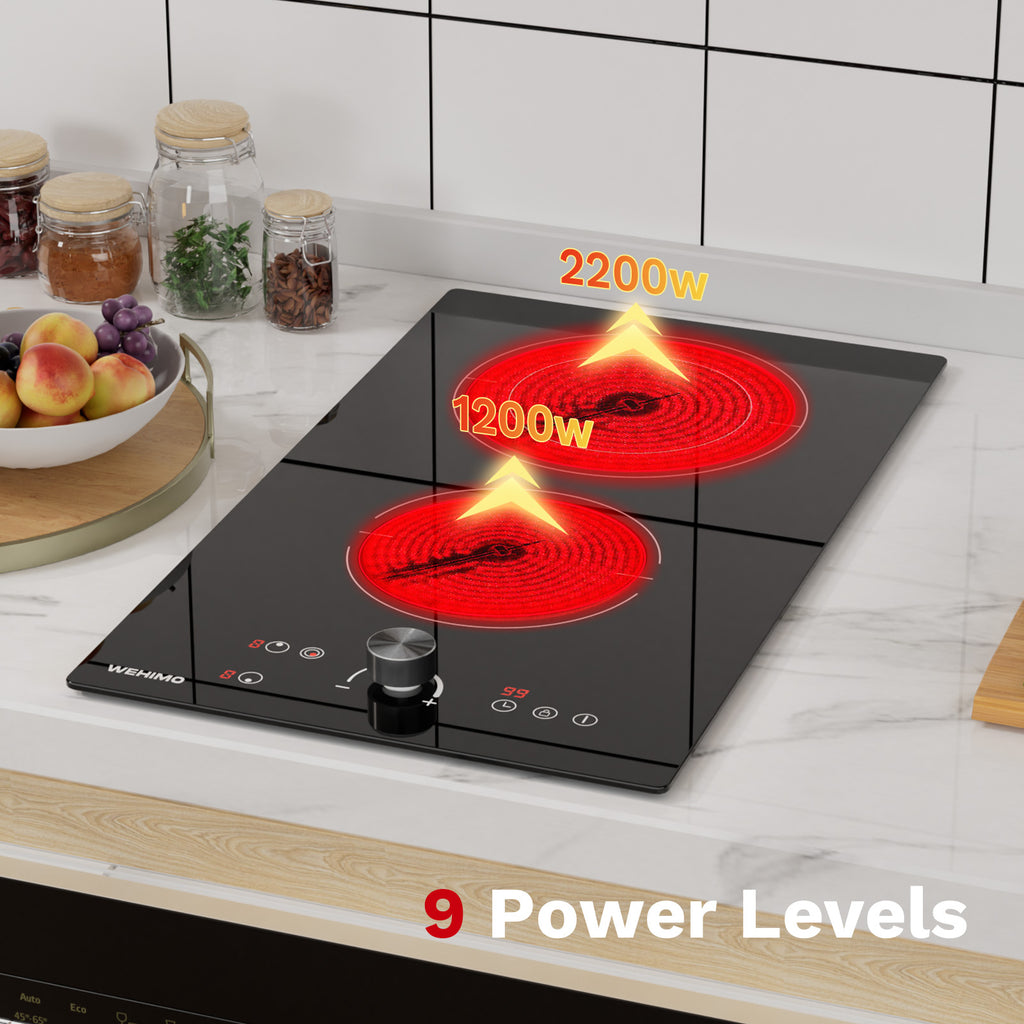 WEHIMO Ceramic Hob 2 Plates, 3400W (2200W+1200W), Rotary Knob Control, Double Ring Burner, 9 Heat Levels, Touch Control, Child Lock, 1-99min Timer, Suitable for All Pots