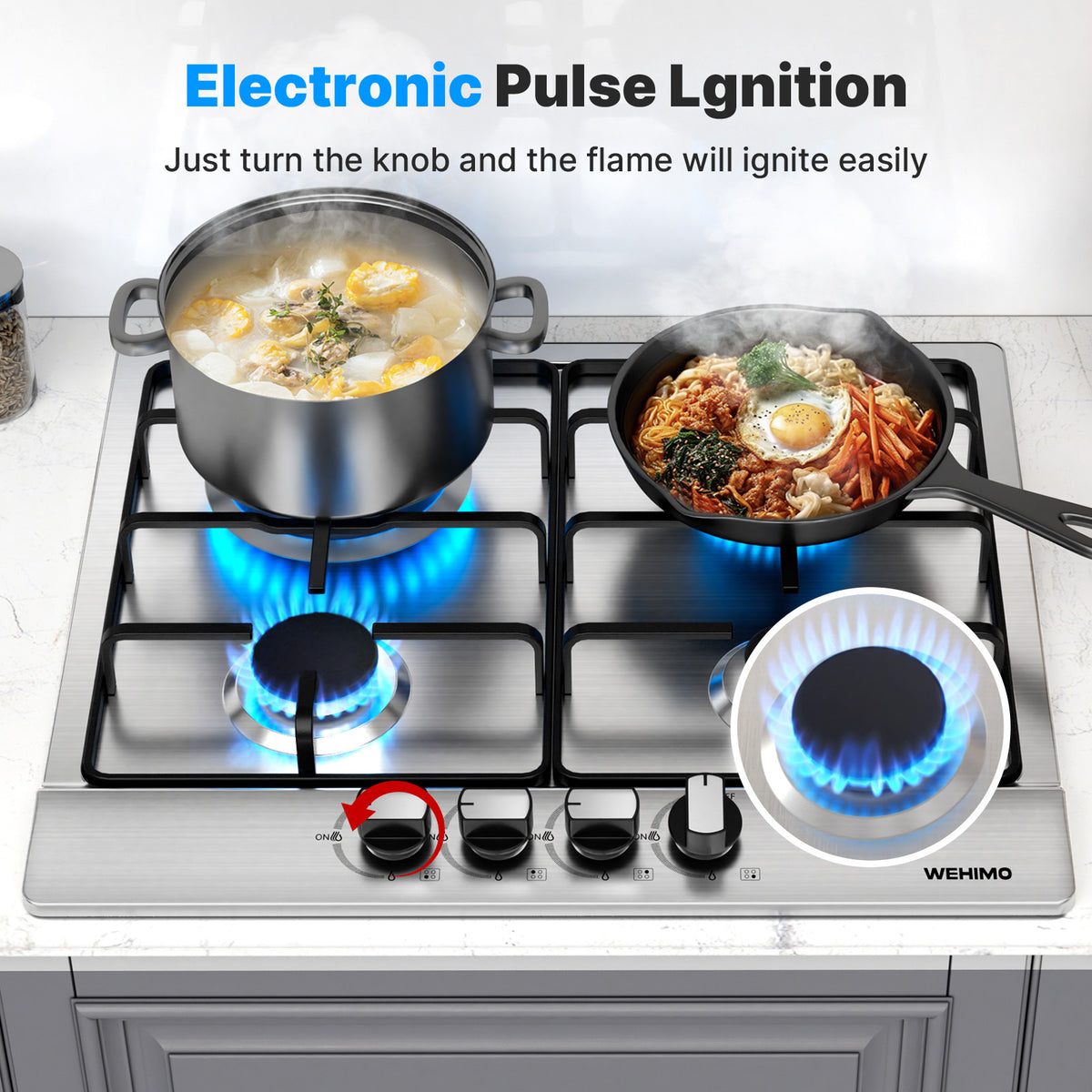 WEHIMO Gas Hob 4 Burners, Gas Hob 4 Burners Stainless Steel, Gas Cooker 4 Burners Built-in, Cast Iron Grate, 7200W, Town Gas and Bottled Gas