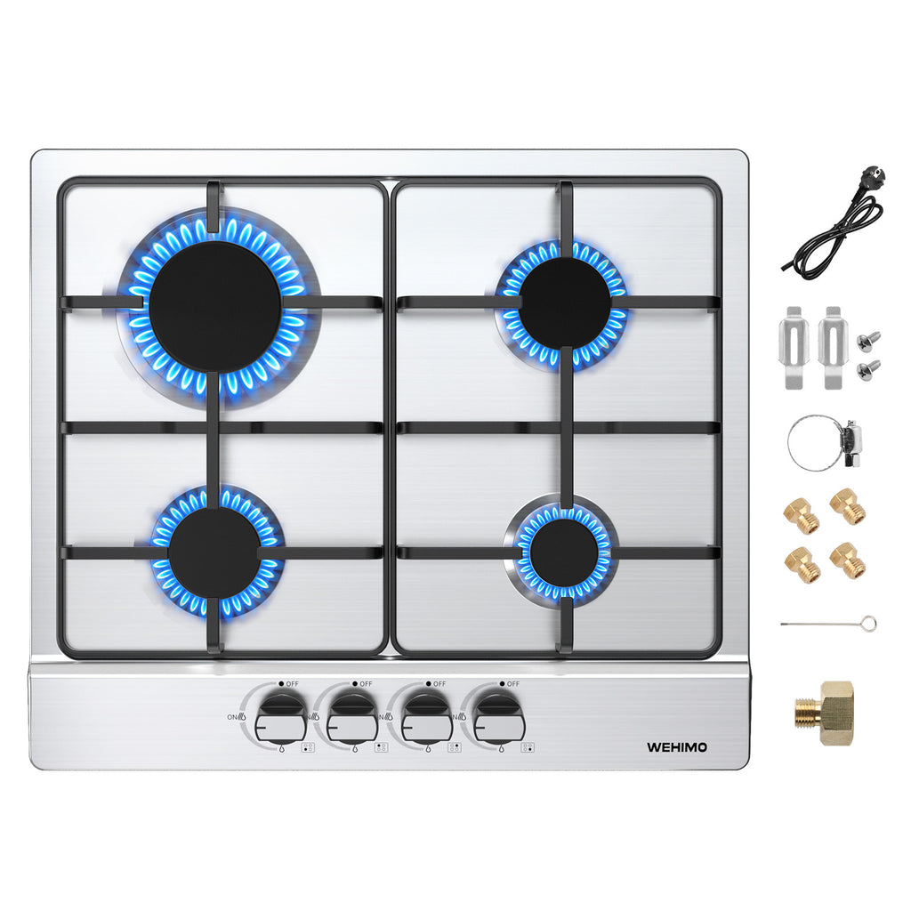 WEHIMO Gas Hob 4 Burners, Gas Hob 4 Burners Stainless Steel, Gas Cooker 4 Burners Built-in, Cast Iron Grate, 7200W, Town Gas and Bottled Gas