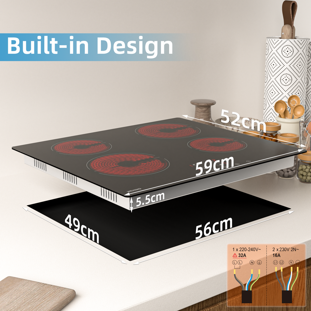 Ceramic Hob 4 Plates, WEHIMO Ceramic Hob 60cm, 6000W, 4 Cooking Zones with Dual Cooking Zone, 9 Levels, Child Lock, Timer, Built-in Frameless Ceramic Hob, Suitable for All Pots