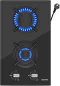 Gas Hob 2 Burners, WEHIMO Gas Hob 2 Burners Black Glass, Built-in Gas Cooker, 3700W, Town Gas and Bottled Gas