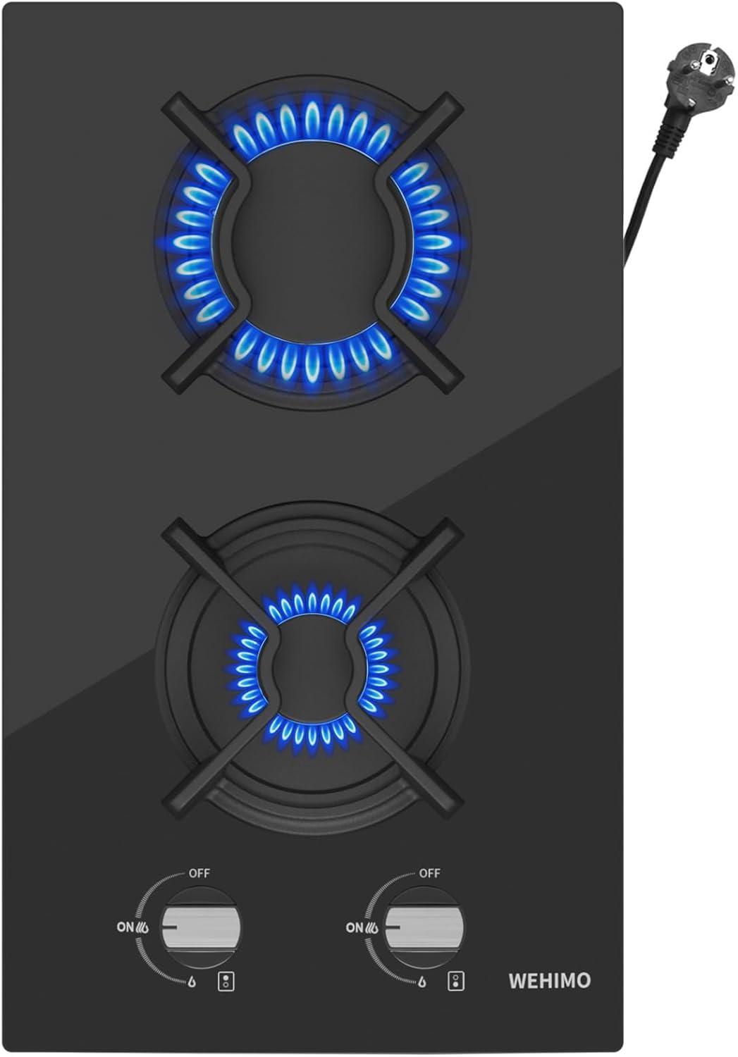 Gas Hob 2 Burners, WEHIMO Gas Hob 2 Burners Black Glass, Built-in Gas Cooker, 3700W, Town Gas and Bottled Gas