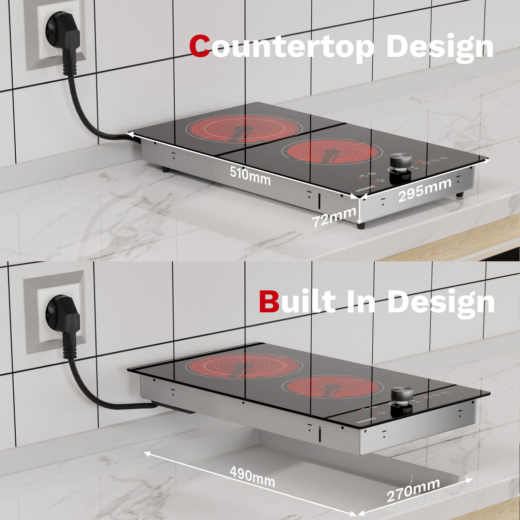 WEHIMO Ceramic Hob 2 Plates, 3400W (2200W+1200W), Rotary Knob Control, Double Ring Burner, 9 Heat Levels, Touch Control, Child Lock, 1-99min Timer, Suitable for All Pots
