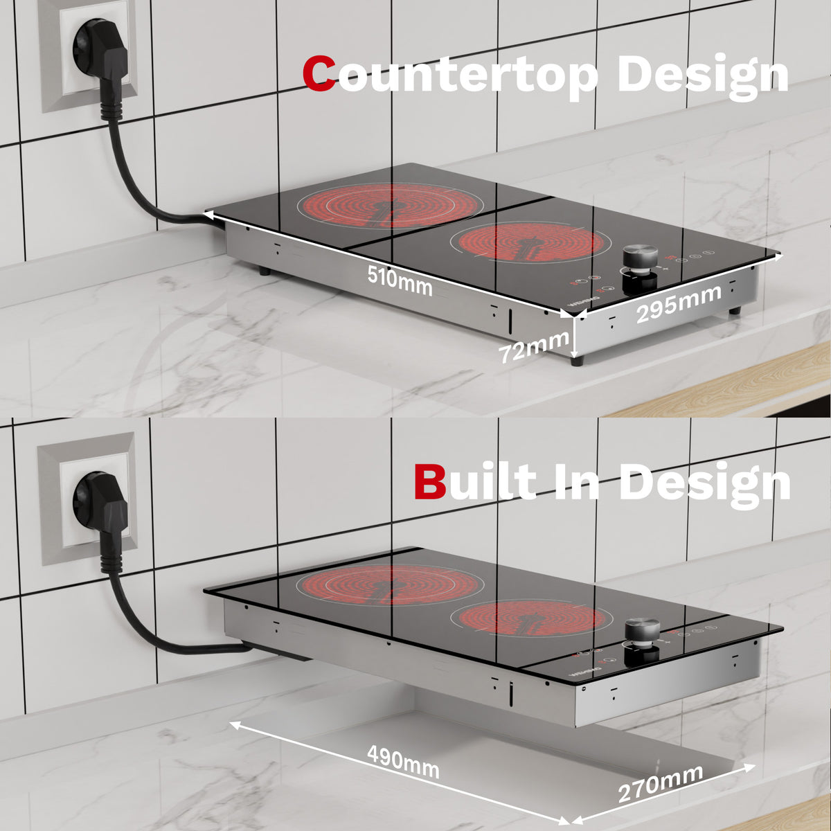 WEHIMO Ceramic Hob 2 Plates, 3400W (2200W+1200W), Rotary Knob Control, Double Ring Burner, 9 Heat Levels, Touch Control, Child Lock, 1-99min Timer, Suitable for All Pots