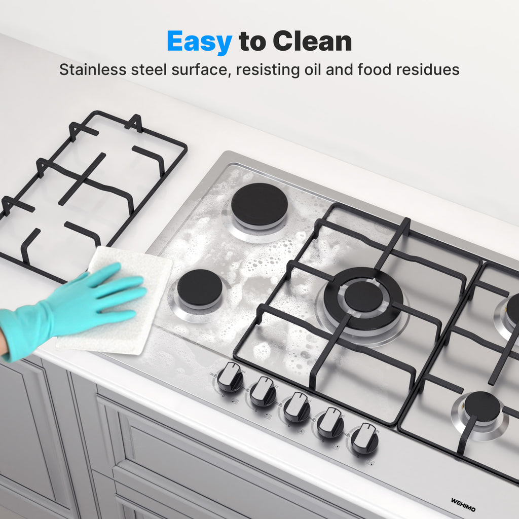 Gas Hob 5 Burners Stainless Steel, Built-in Hob 76 cm, 10500 W, Slim Profile, Flame-Out Protection, Natural Gas/Propane/Butane, 76x50x4.5 cm
