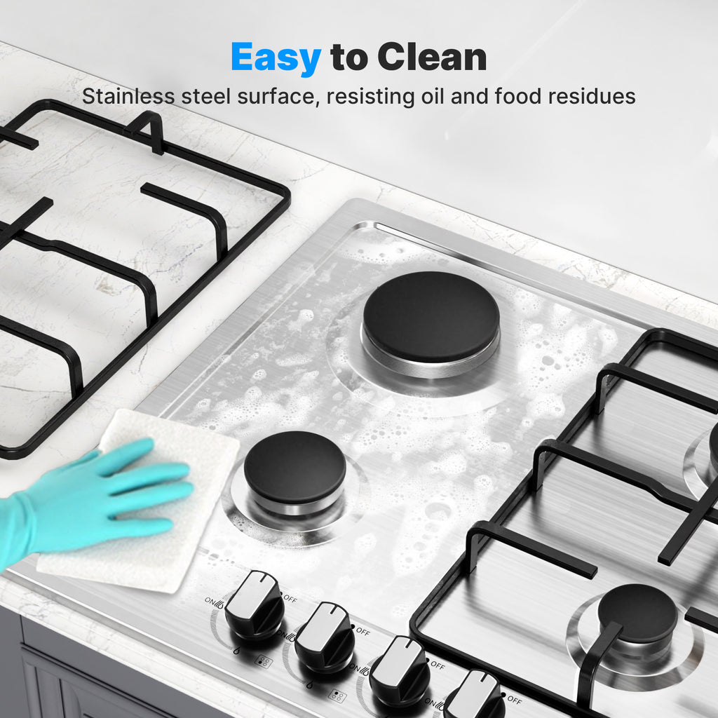 WEHIMO Gas Hob 4 Burners, Gas Hob 4 Burners Stainless Steel, Gas Cooker 4 Burners Built-in, Cast Iron Grate, 7200W, Town Gas and Bottled Gas