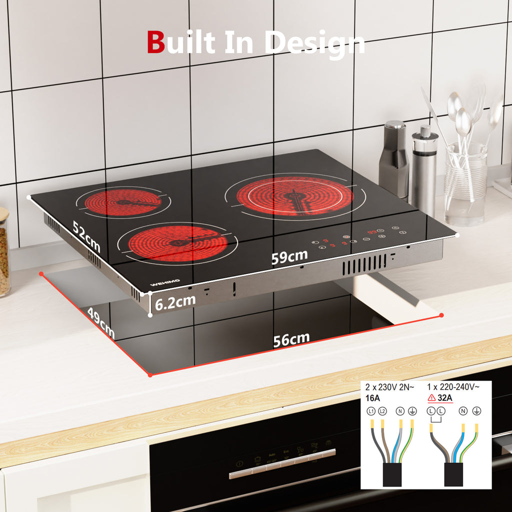 WEHIMO Ceramic Hob 3 Burners 5500W, Extra Large Zone 25 cm, 9 Power Levels, Touch Control, Child Safety, Timer, Black