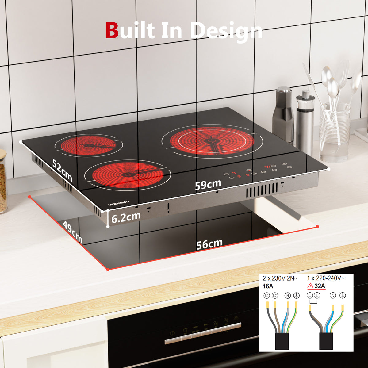 WEHIMO Ceramic Hob 3 Burners 5500W, Extra Large Zone 25 cm, 9 Power Levels, Touch Control, Child Safety, Timer, Black