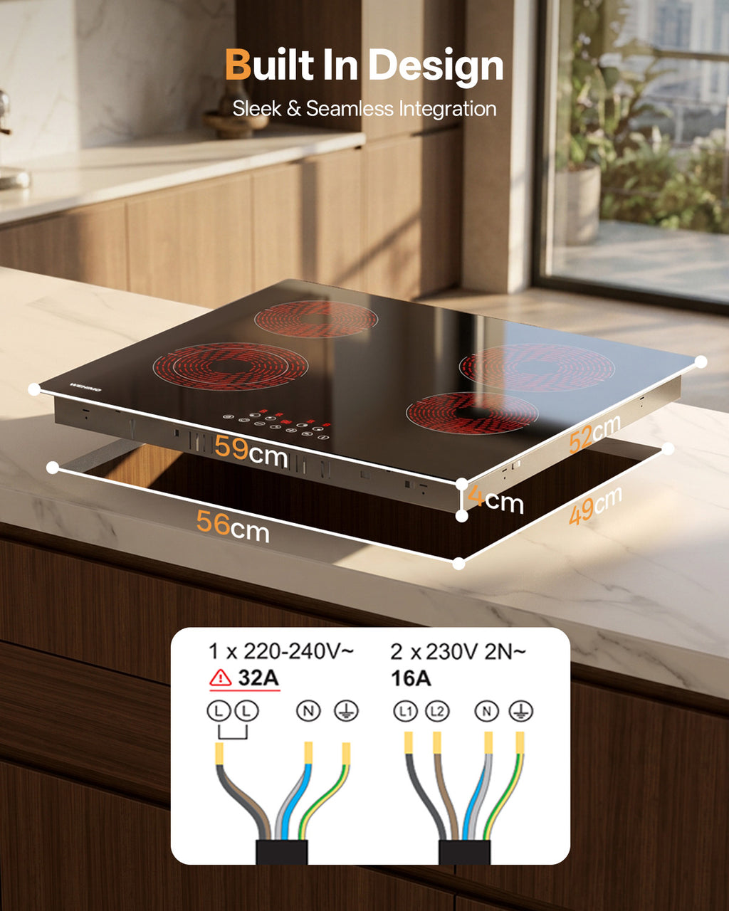 WEHIMO Ceramic Hob 4 Plates 6600W, Double Ring Cooking Surface, 9 Heat Levels, Touch Control, Child Lock, 1-99 Timer, Suitable for All Pots, 59CM