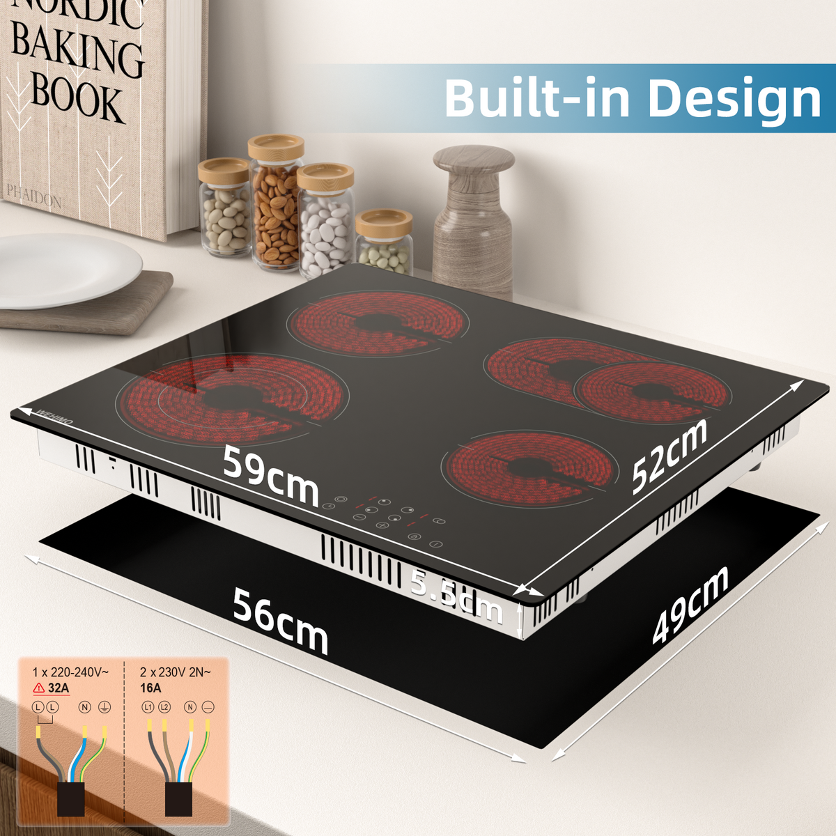 WEHIMO Ceramic Hob 4 Plates 7200W, 4 Cooking Zones (2200W+2000W+1800W+1200W), 9 Heat Levels, Touch Control, Child Lock, 1-99 Timer, Suitable for All Pots