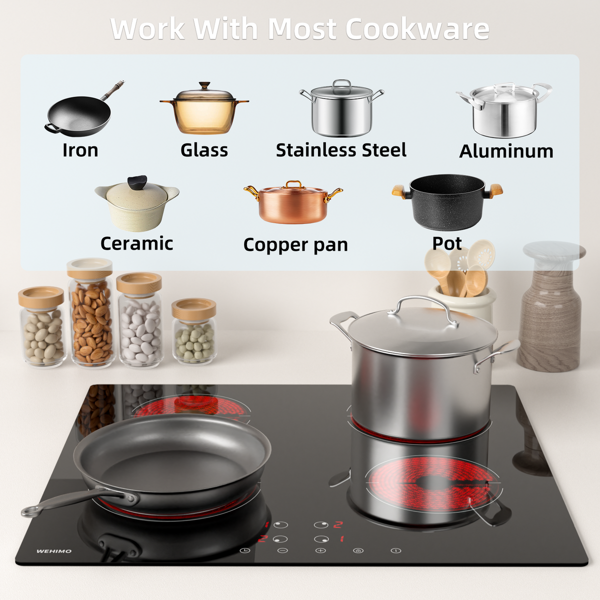 Ceramic Hob 4 Plates, WEHIMO Ceramic Hob 60cm, 6000W, 4 Cooking Zones with Dual Cooking Zone, 9 Levels, Child Lock, Timer, Built-in Frameless Ceramic Hob, Suitable for All Pots
