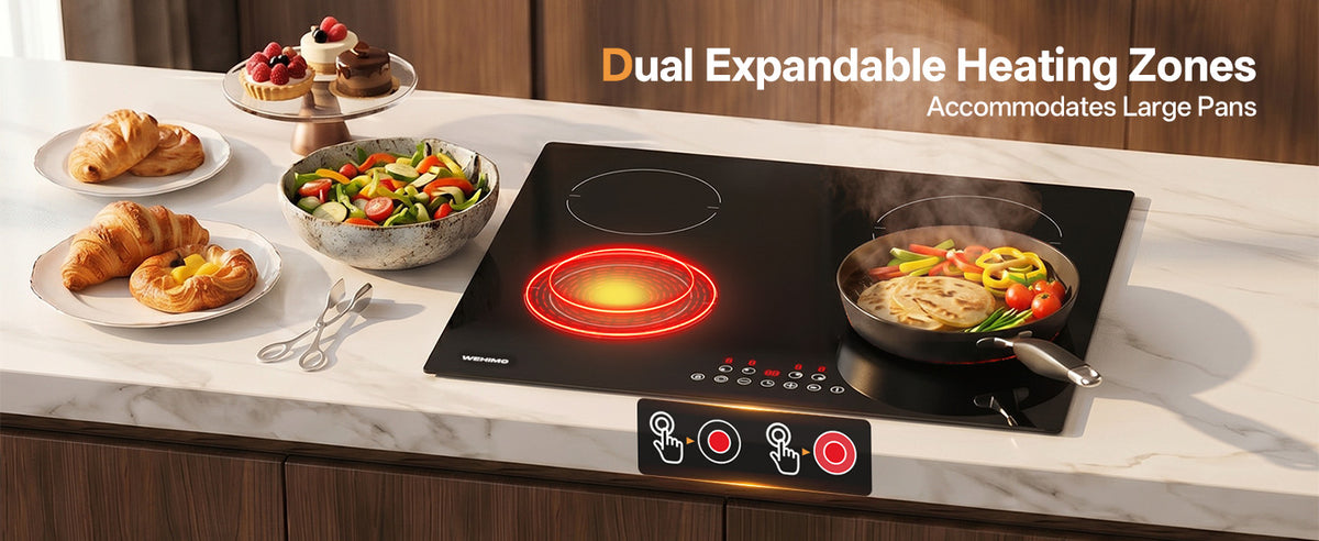 WEHIMO Ceramic Hob 4 Plates 6600W, Double Ring Cooking Surface, 9 Heat Levels, Touch Control, Child Lock, 1-99 Timer, Suitable for All Pots, 59CM