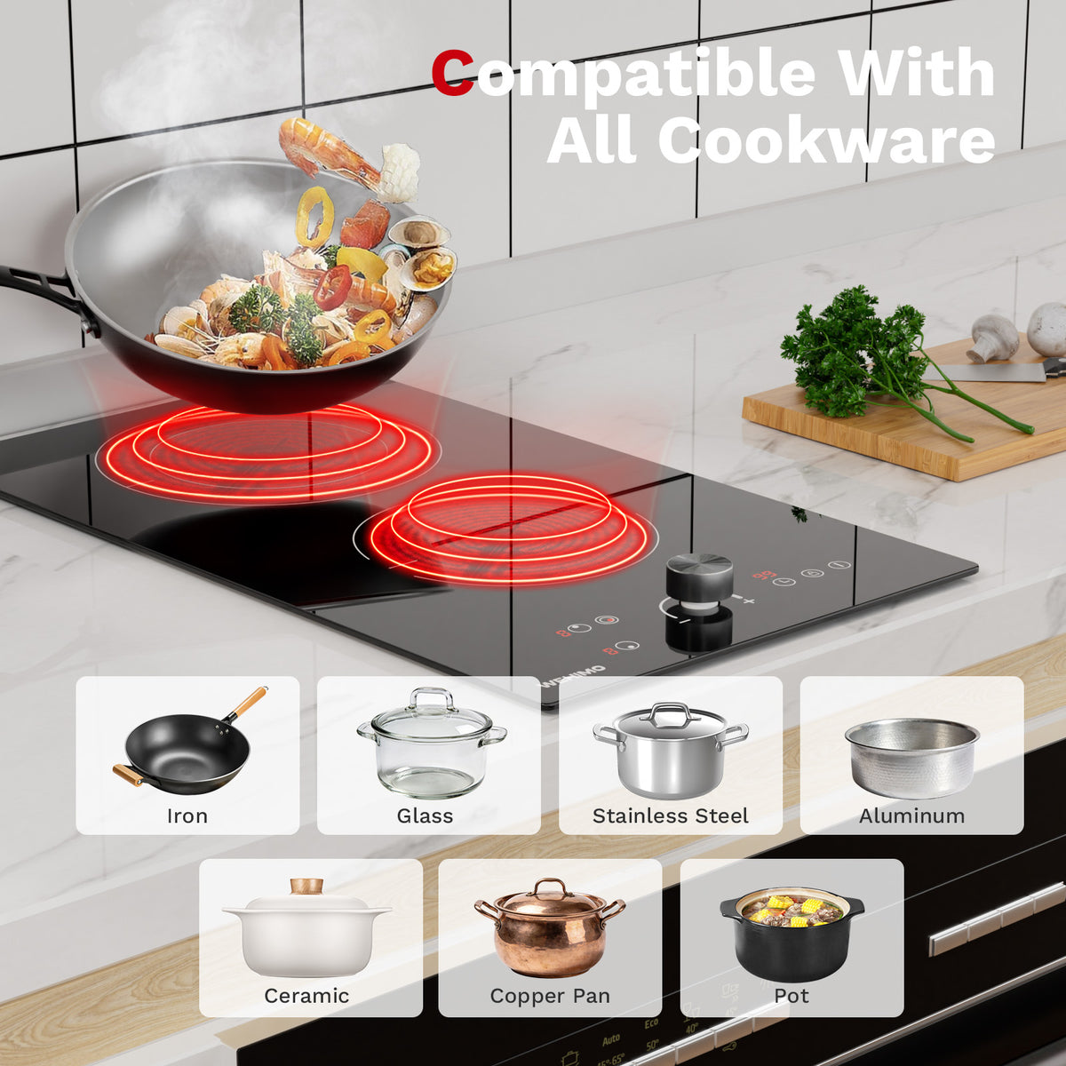 WEHIMO Ceramic Hob 2 Plates, 3400W (2200W+1200W), Rotary Knob Control, Double Ring Burner, 9 Heat Levels, Touch Control, Child Lock, 1-99min Timer, Suitable for All Pots