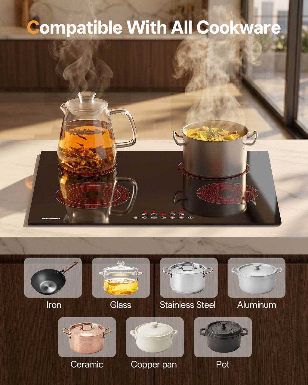 WEHIMO Ceramic Hob 4 Plates 6600W, Double Ring Cooking Surface, 9 Heat Levels, Touch Control, Child Lock, 1-99 Timer, Suitable for All Pots, 59CM
