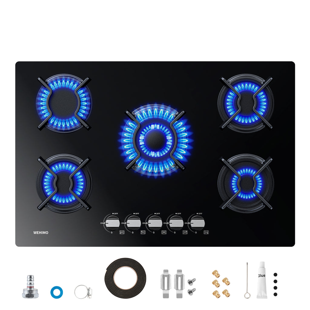 Gas Hob 5 Burners, WEHIMO Built-in Cooktop, Gas Hob 77cm, 10500W, Cast Iron Grate, Town Gas and Bottled Gas, Black Glass
