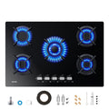 Gas Hob 5 Burners, WEHIMO Built-in Cooktop, Gas Hob 77cm, 10500W, Cast Iron Grate, Town Gas and Bottled Gas, Black Glass