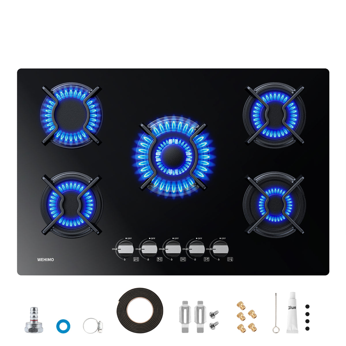 Gas Hob 5 Burners, WEHIMO Built-in Cooktop, Gas Hob 77cm, 10500W, Cast Iron Grate, Town Gas and Bottled Gas, Black Glass