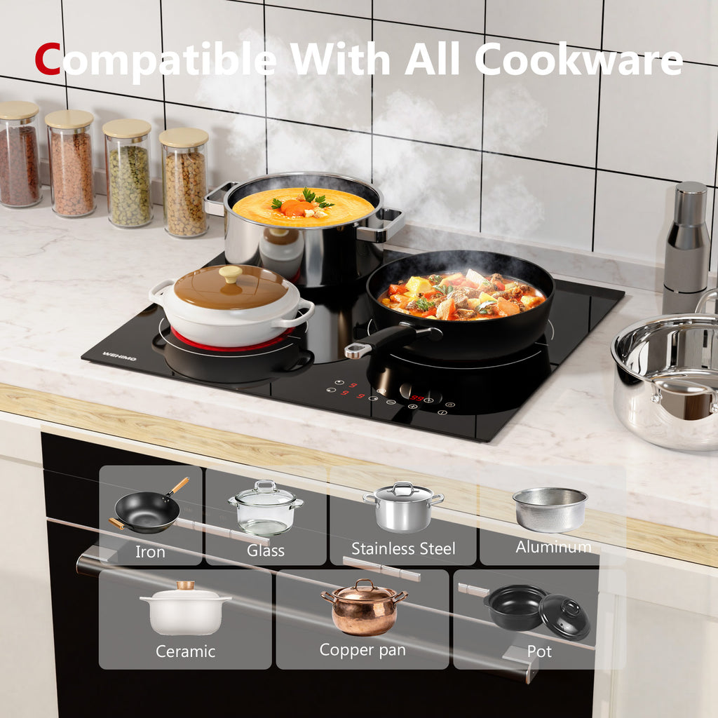 WEHIMO Ceramic Hob 3 Burners 5500W, Extra Large Zone 25 cm, 9 Power Levels, Touch Control, Child Safety, Timer, Black