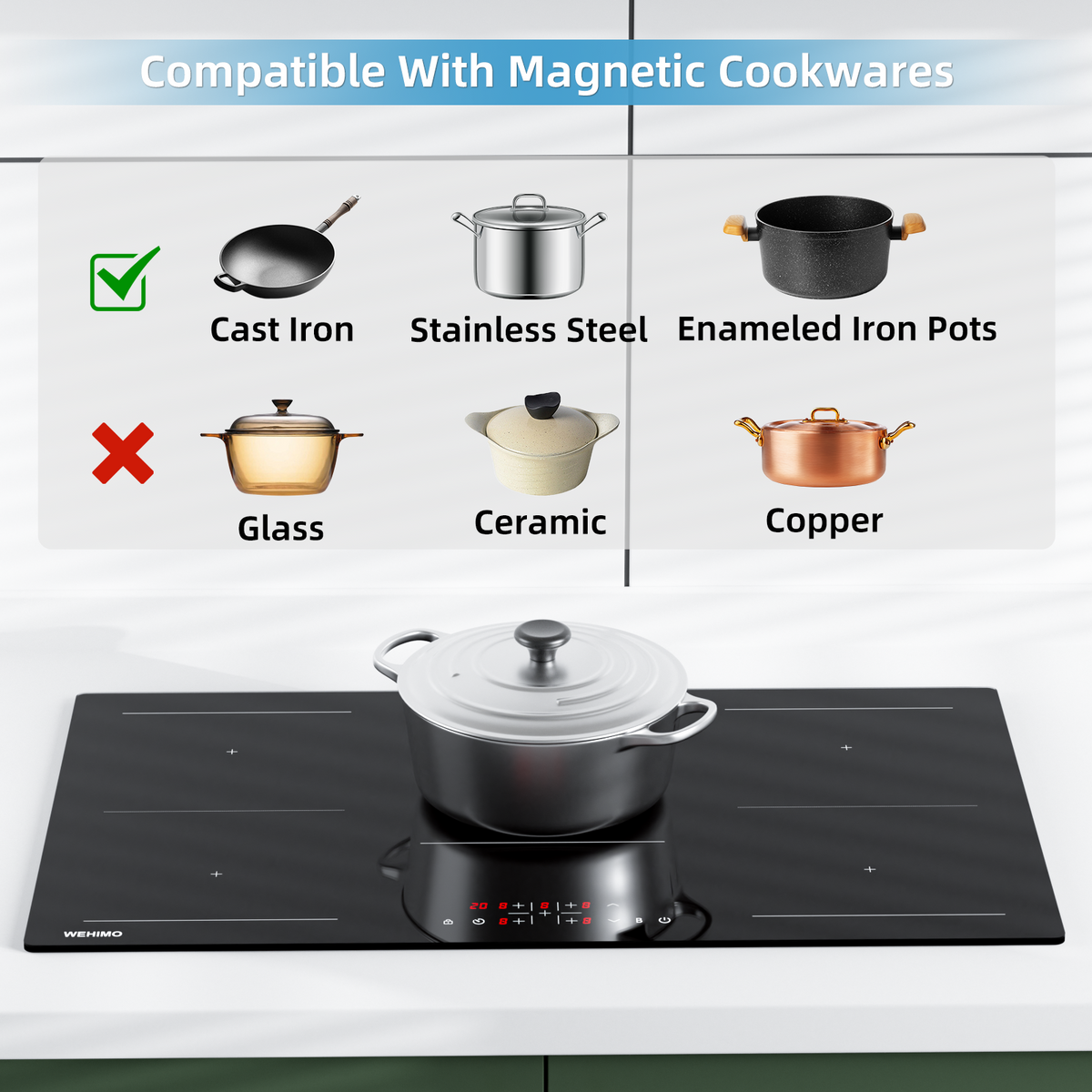WEHIMO Induction Hob, Induction Hob 5 Plates with Power Booster, 5 Zones Built-in, 9 Power Levels Induction Cooktop 90cm (8600W), 220-240V