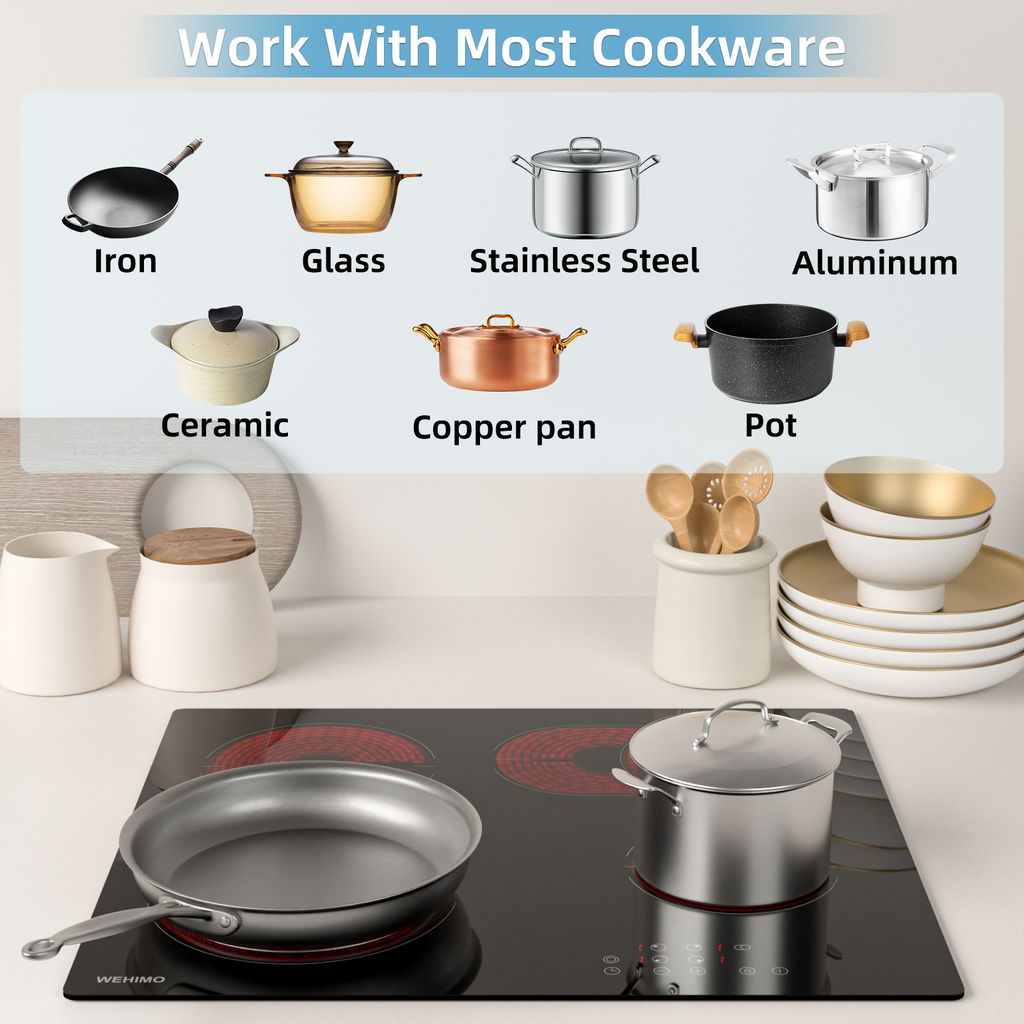 WEHIMO Ceramic Hob 4 Plates 7200W, 4 Cooking Zones (2200W+2000W+1800W+1200W), 9 Heat Levels, Touch Control, Child Lock, 1-99 Timer, Suitable for All Pots