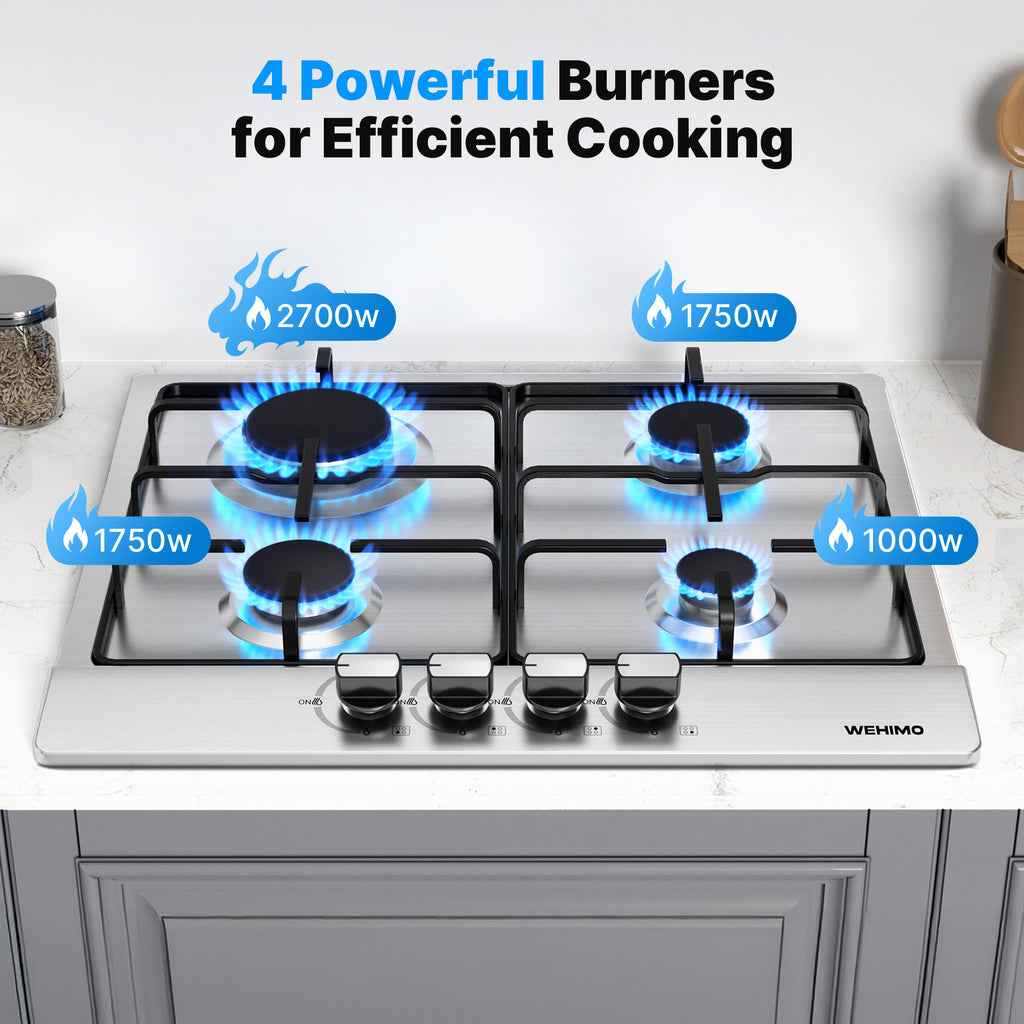 WEHIMO Gas Hob 4 Burners, Gas Hob 4 Burners Stainless Steel, Gas Cooker 4 Burners Built-in, Cast Iron Grate, 7200W, Town Gas and Bottled Gas