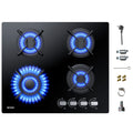 WEHIMO Gas Hob 4 Burner, Glass Built-in Gas Hob, 59cm, 7800W, 4 Cooking Zones (3300W+1750W+1750W+1000W), 4 Zone Gas Hob for Propane Gas and Natural Gas, Black Glass, Suitable for All Pots