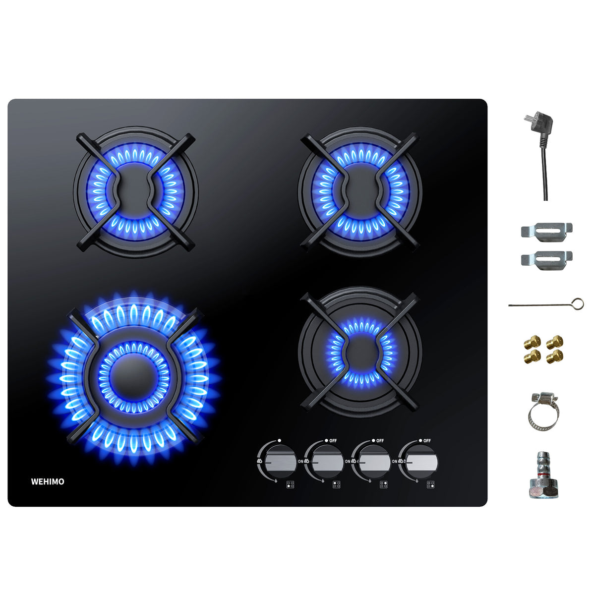 WEHIMO Gas Hob 4 Burner, Glass Built-in Gas Hob, 59cm, 7800W, 4 Cooking Zones (3300W+1750W+1750W+1000W), 4 Zone Gas Hob for Propane Gas and Natural Gas, Black Glass, Suitable for All Pots