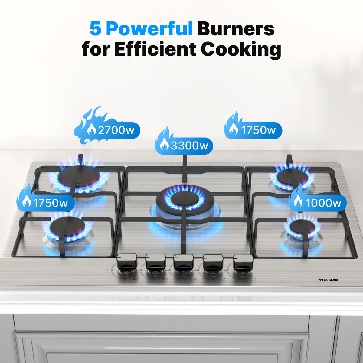 Gas Hob 5 Burners Stainless Steel, Built-in Hob 76 cm, 10500 W, Slim Profile, Flame-Out Protection, Natural Gas/Propane/Butane, 76x50x4.5 cm