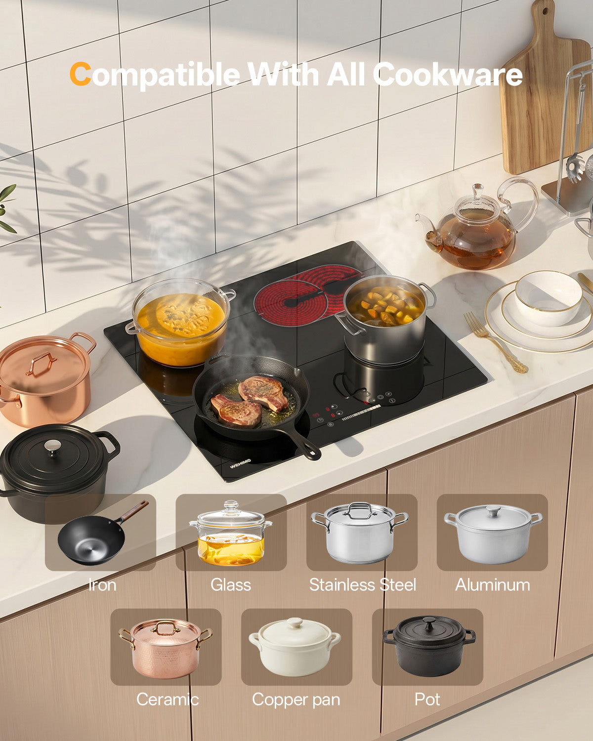 WEHIMO Ceramic Hob 4 Plates, Cooktop 4 Cooking Zones 59CM, 6600W, Double & Oval Cooking Zone, 9 Heat Levels, Touch Control, Child Lock, Timer, Suitable for All Pots
