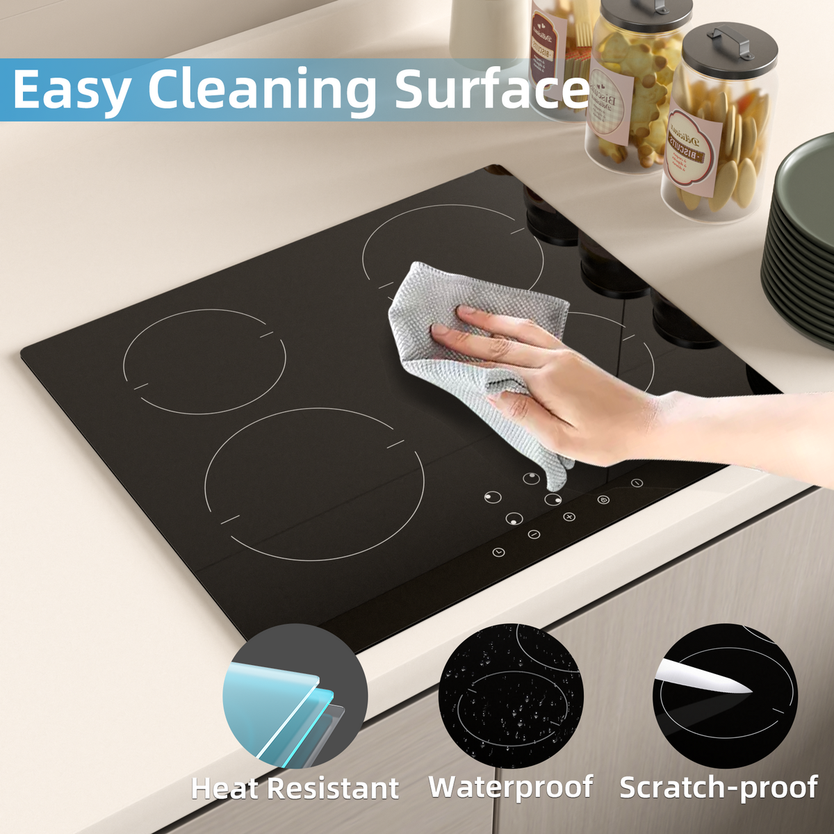 Ceramic Hob 4 Plates, WEHIMO Ceramic Hob 60cm, 6000W, 4 Cooking Zones with Dual Cooking Zone, 9 Levels, Child Lock, Timer, Built-in Frameless Ceramic Hob, Suitable for All Pots
