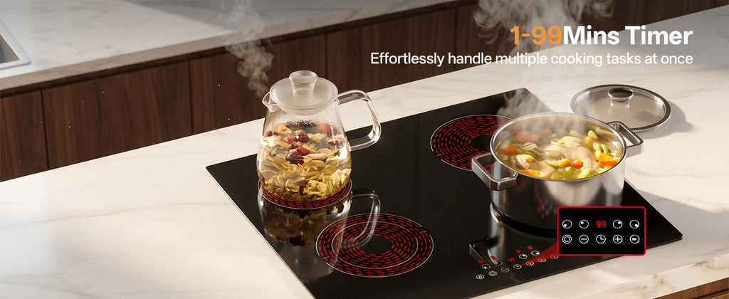 WEHIMO Ceramic Hob 4 Plates 6600W, Double Ring Cooking Surface, 9 Heat Levels, Touch Control, Child Lock, 1-99 Timer, Suitable for All Pots, 59CM