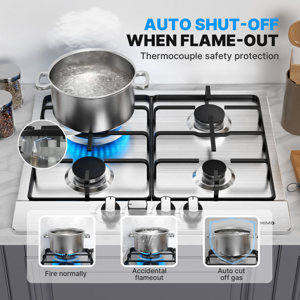 WEHIMO Gas Hob 4 Burners, Gas Hob 4 Burners Stainless Steel, Gas Cooker 4 Burners Built-in, Cast Iron Grate, 7200W, Town Gas and Bottled Gas