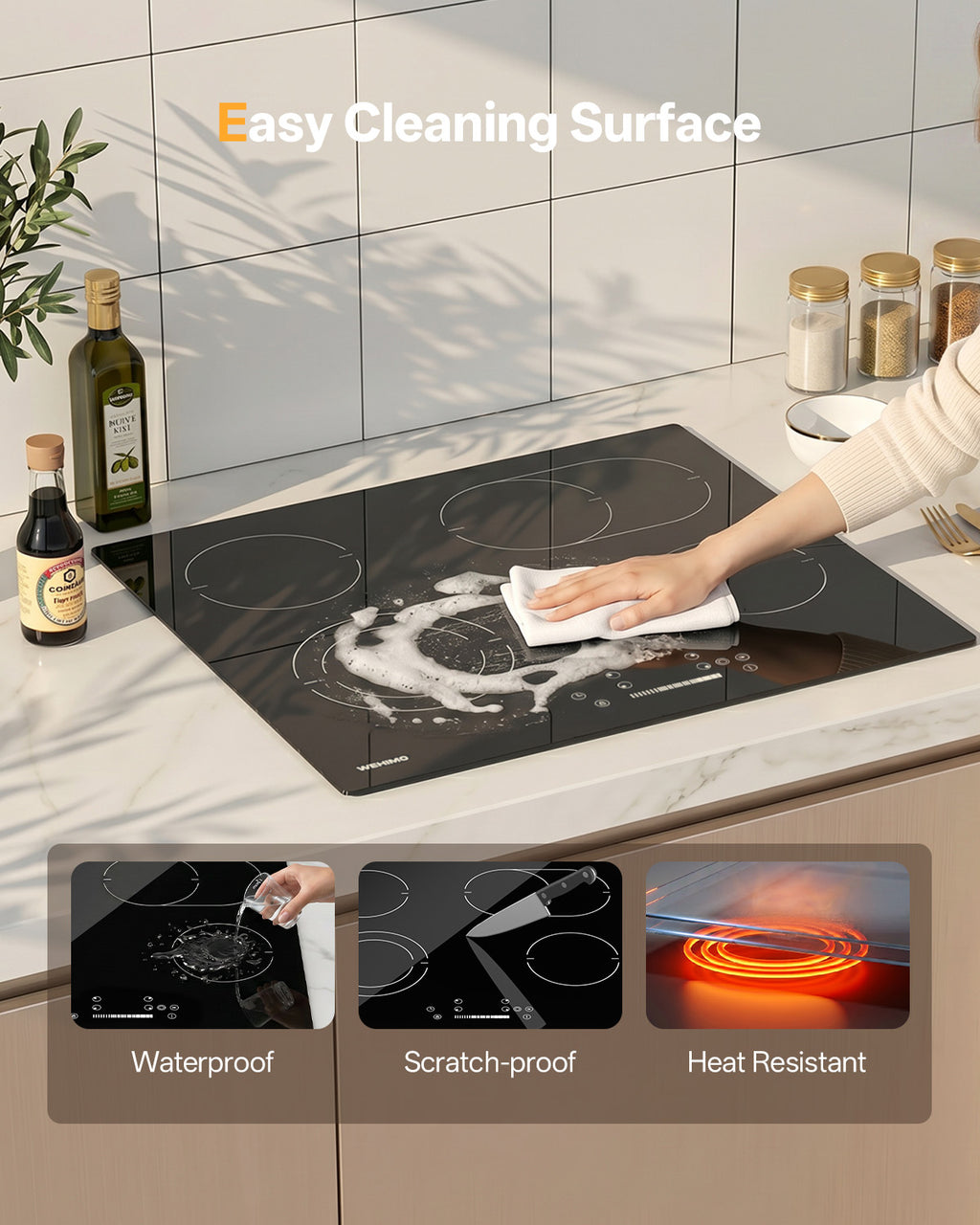 WEHIMO Ceramic Hob 4 Plates, Cooktop 4 Cooking Zones 59CM, 6600W, Double & Oval Cooking Zone, 9 Heat Levels, Touch Control, Child Lock, Timer, Suitable for All Pots