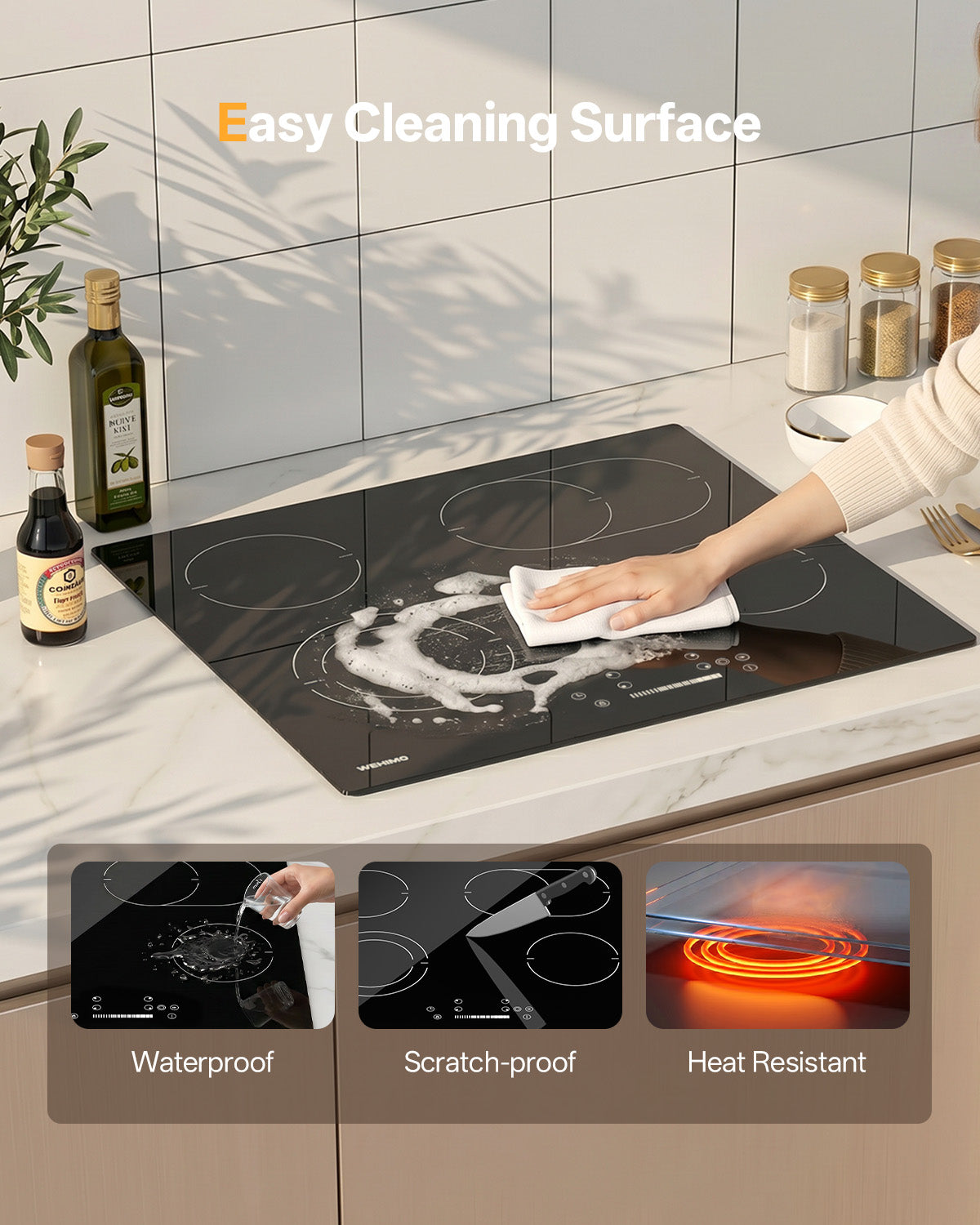 WEHIMO Ceramic Hob 4 Plates, Cooktop 4 Cooking Zones 59CM, 6600W, Double & Oval Cooking Zone, 9 Heat Levels, Touch Control, Child Lock, Timer, Suitable for All Pots