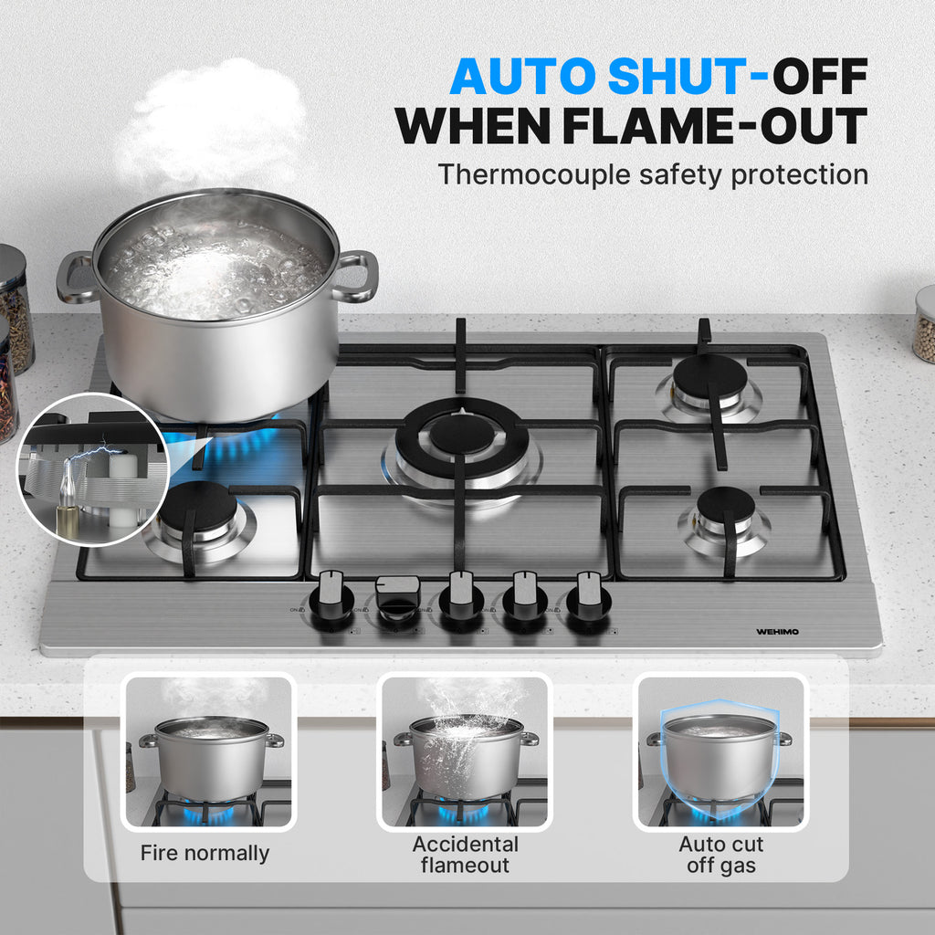 Gas Hob 5 Burners Stainless Steel, Built-in Hob 76 cm, 10500 W, Slim Profile, Flame-Out Protection, Natural Gas/Propane/Butane, 76x50x4.5 cm